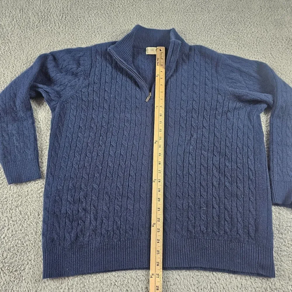 LL Bean Sweater Mens 2XL Blue 100% Cashmere Cable Knit 1/4 Zip Pullover Soft
